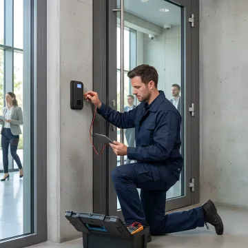 Technician installing biometric access control system