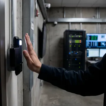 Contactless biometric identity verification scanner in use