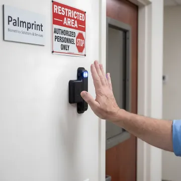 Secure biometric authentication system showing palm vein scanning technology in enterprise environment