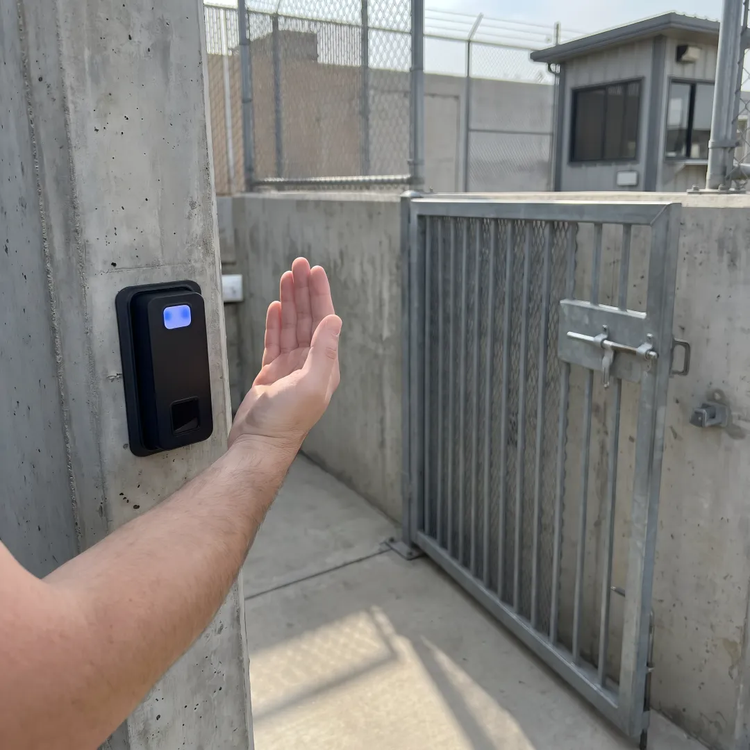 Technician demonstrating biometric gate access control