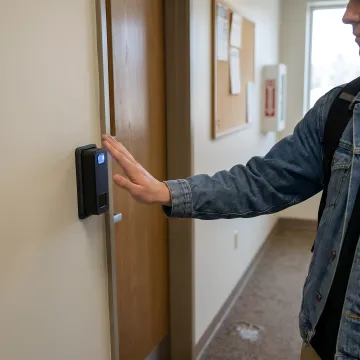 Students entering school building using contactless biometric palm scanner