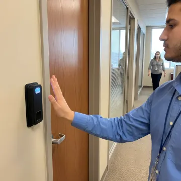 Modern commercial building entrance with biometric access control scanner