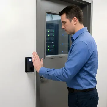 Secure data center access control with biometric palm vein scanner at server room entrance