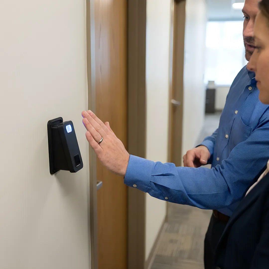 Security consultant reviewing biometric access control system blueprint with facility manager in server room