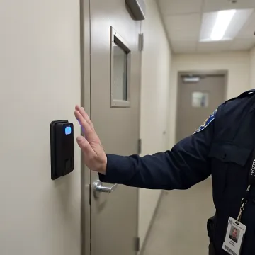 Maritime security professional using palm vein biometric scanner at seaport facility