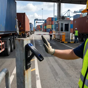 Port worker using contactless palm vein scanner at secure access gate