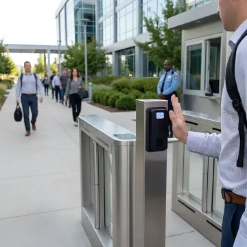 Close-up of contactless palm vein biometric scanner at industrial gate