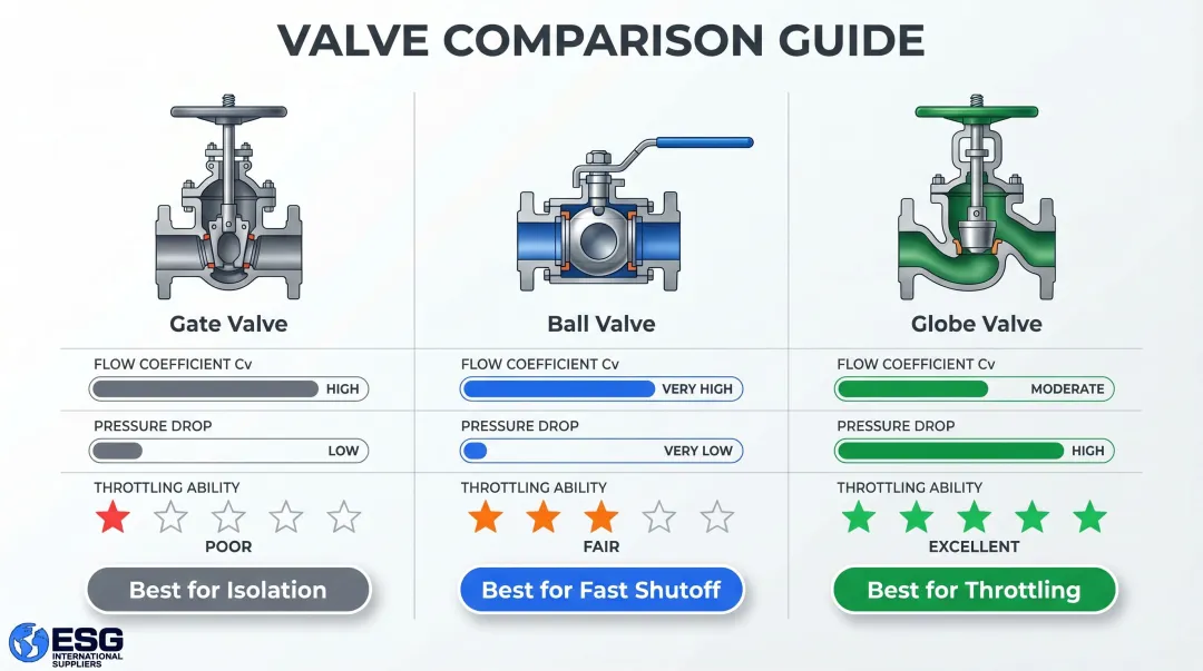 Gate ball and globe valve flow coefficient pressure drop throttling comparison chart