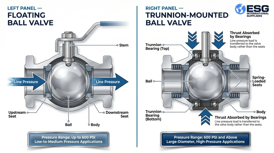 Floating versus trunnion-mounted ball valve configuration comparison infographic