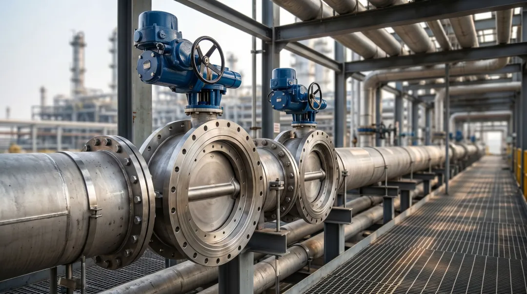 Large-diameter butterfly valve installed on industrial pipeline in petrochemical facility