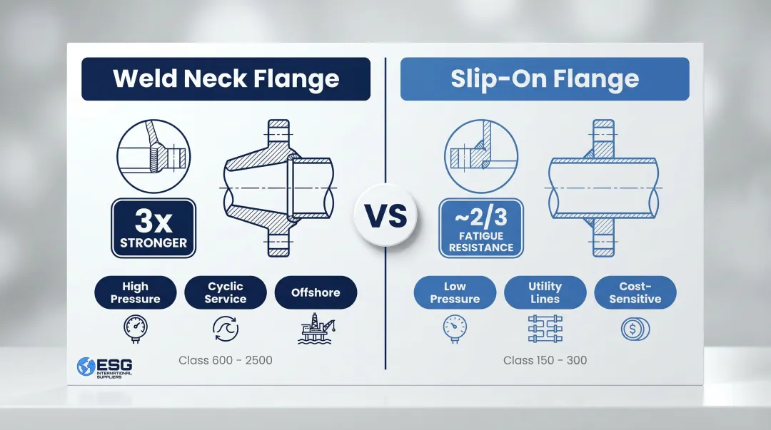 Weld neck versus slip-on flange fatigue strength comparison infographic