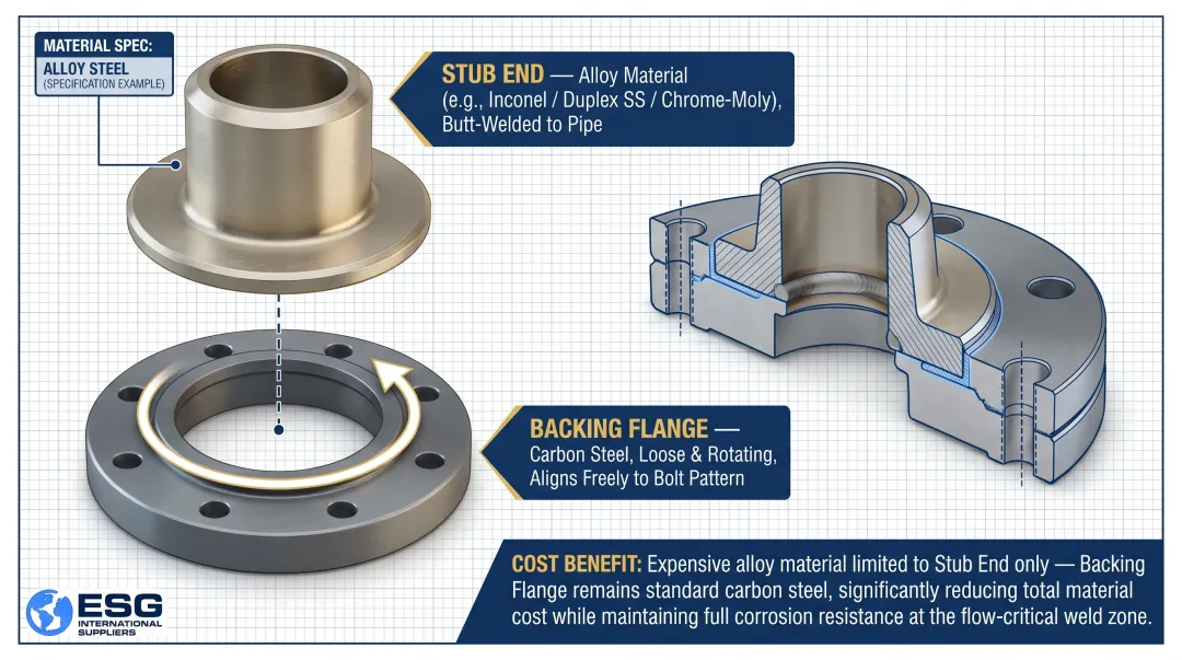 Lap joint flange two-component system stub end and backing flange diagram