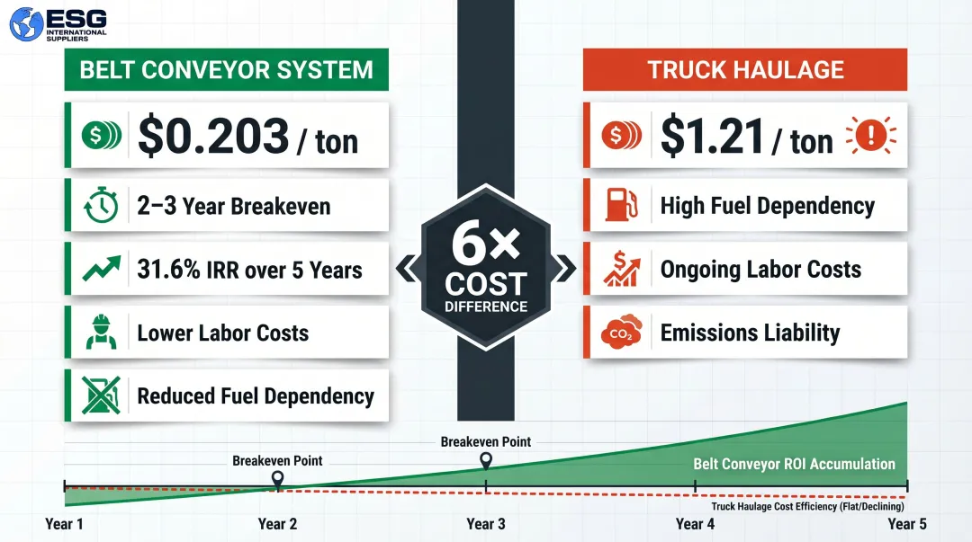 Belt conveyor versus truck haulage cost comparison showing per-ton savings and ROI