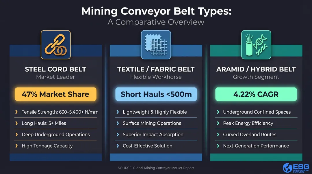 Three mining conveyor belt types steel cord textile and aramid application comparison chart