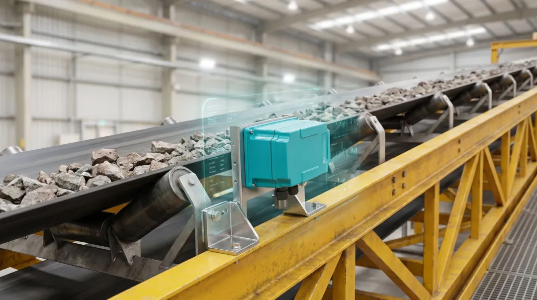 IoT sensor monitoring system installed on industrial mining conveyor belt infrastructure