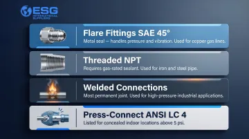 Four approved gas line fitting types characteristics and common use cases comparison table