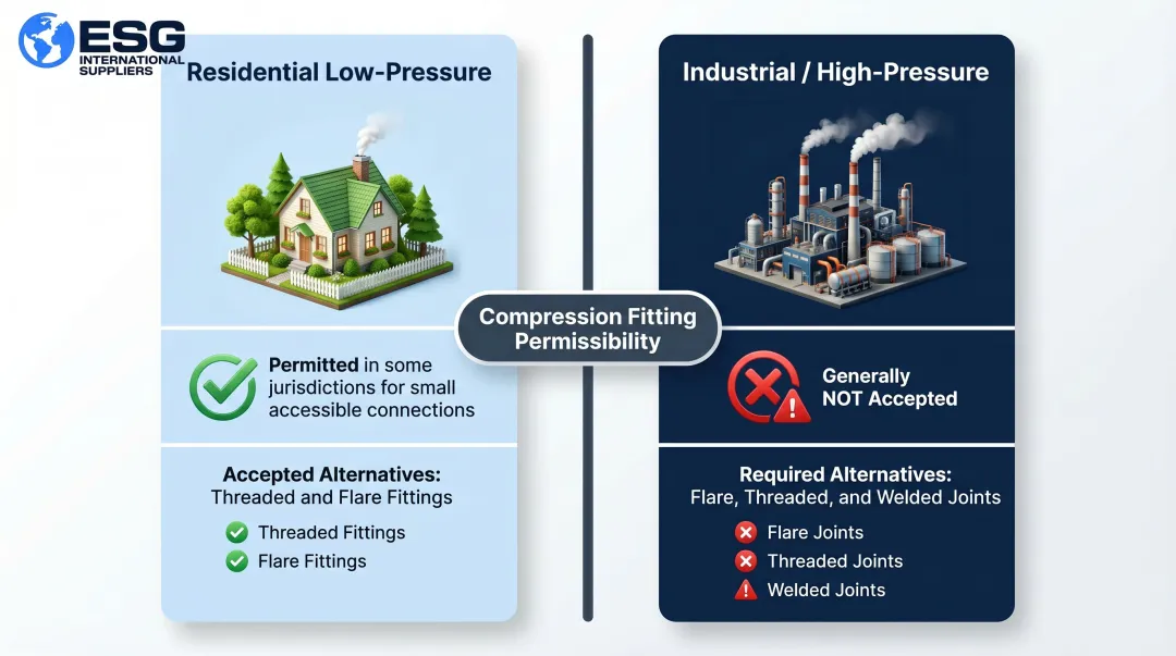 Residential versus industrial gas line compression fitting requirements comparison chart