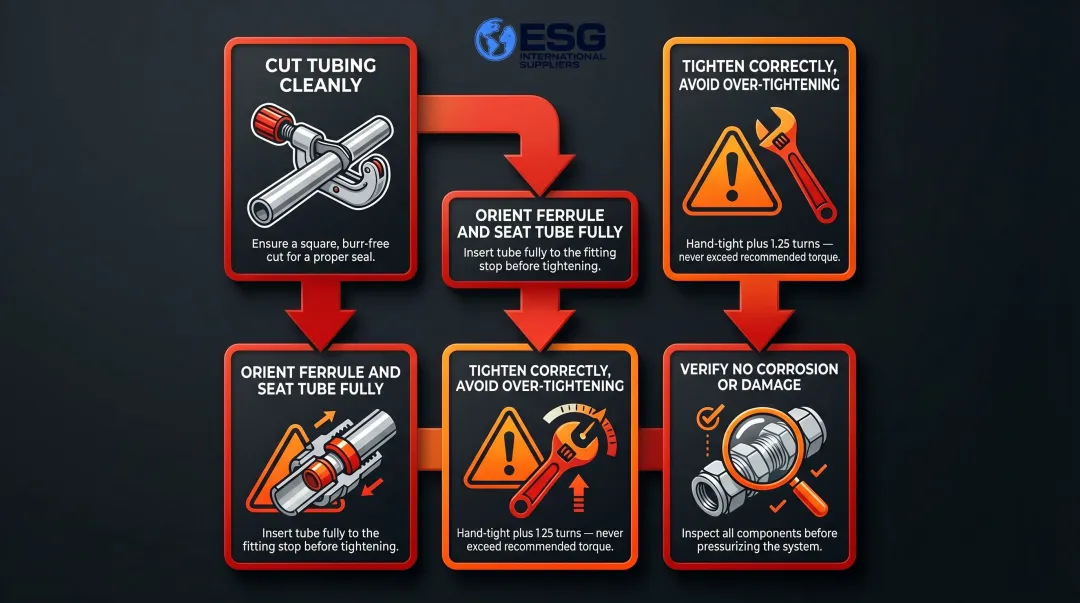 4-step gas compression fitting installation process flow with safety checkpoints