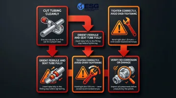 4-step gas compression fitting installation process flow with safety checkpoints