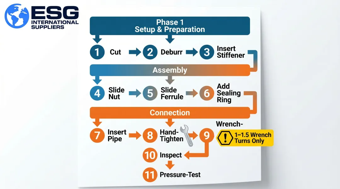 11-step compression fitting installation process flow for plastic pipe