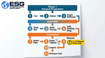 11-step compression fitting installation process flow for plastic pipe