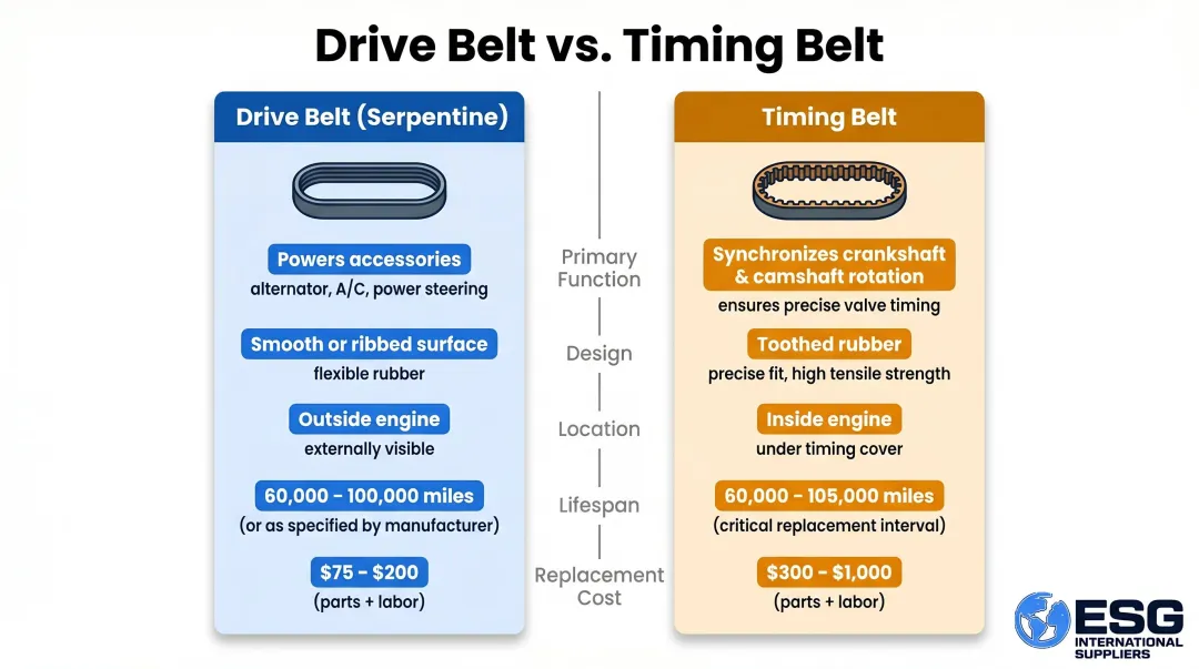 Drive belt versus timing belt side-by-side feature comparison infographic