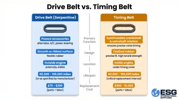 Drive belt versus timing belt side-by-side feature comparison infographic