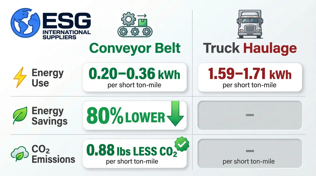 Conveyor belt versus truck haulage energy and emissions comparison infographic