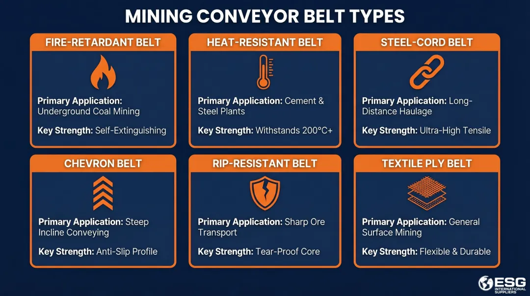 Six mining conveyor belt types applications and key strengths comparison chart