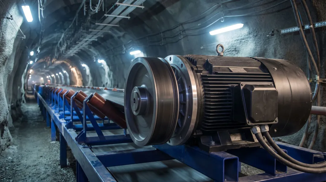 Gearless conveyor drive system installed in underground mining tunnel