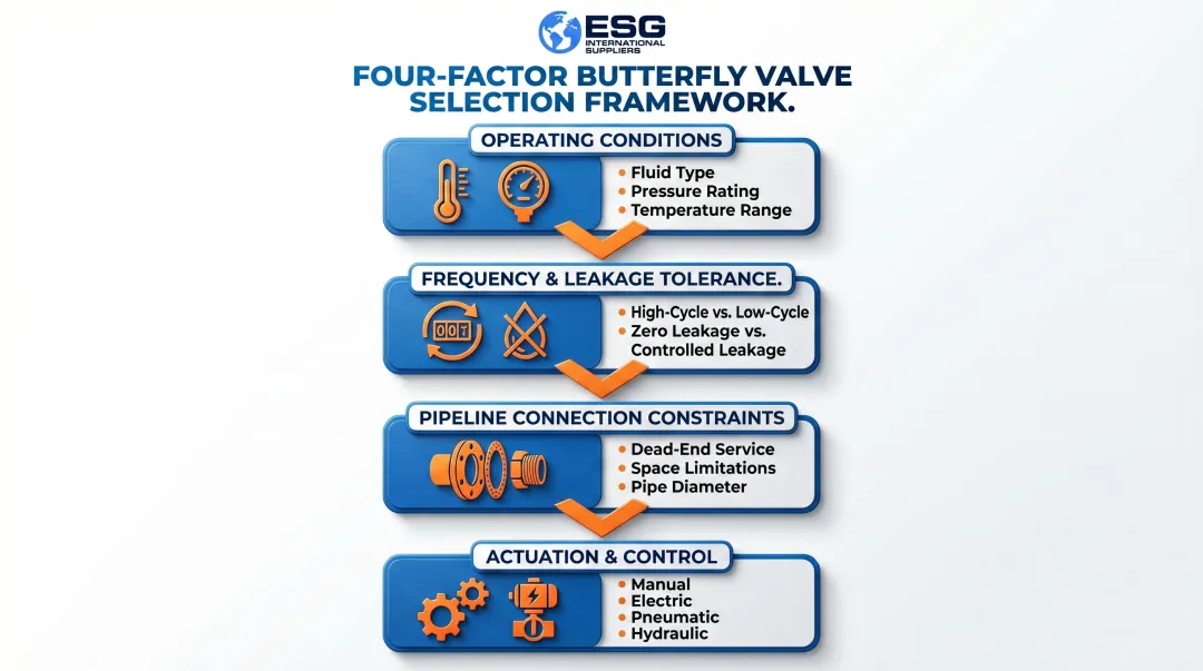 Four-factor butterfly valve selection criteria process flow decision guide infographic