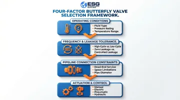 Four-factor butterfly valve selection criteria process flow decision guide infographic