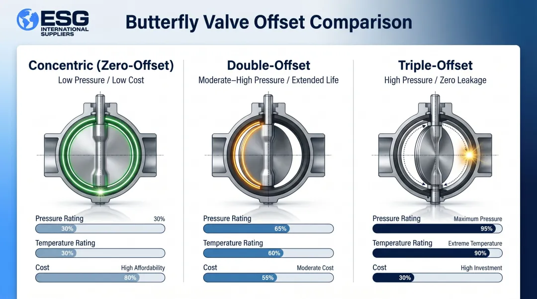Three butterfly valve disc offset designs concentric double triple comparison infographic