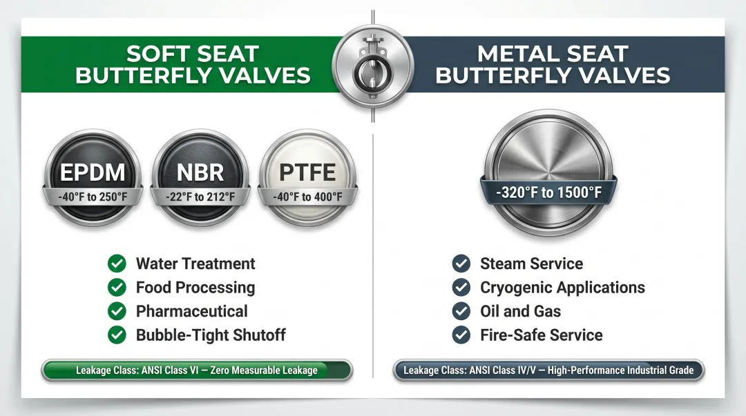 Soft seat versus metal seat butterfly valve comparison temperature and application infographic