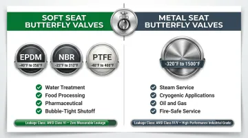 Soft seat versus metal seat butterfly valve comparison temperature and application infographic
