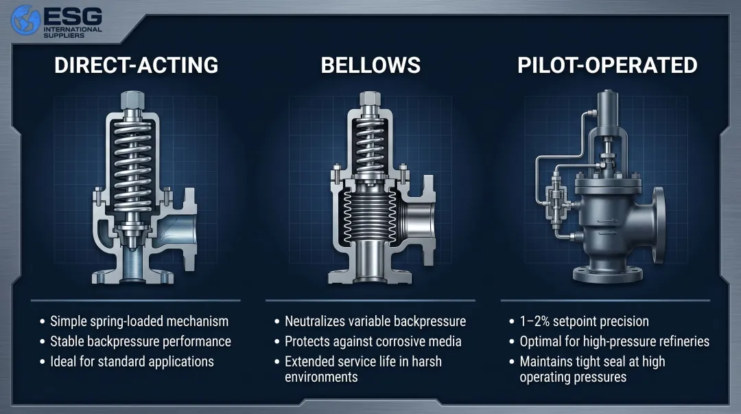 Three safety valve subtypes direct-acting bellows and pilot-operated design comparison