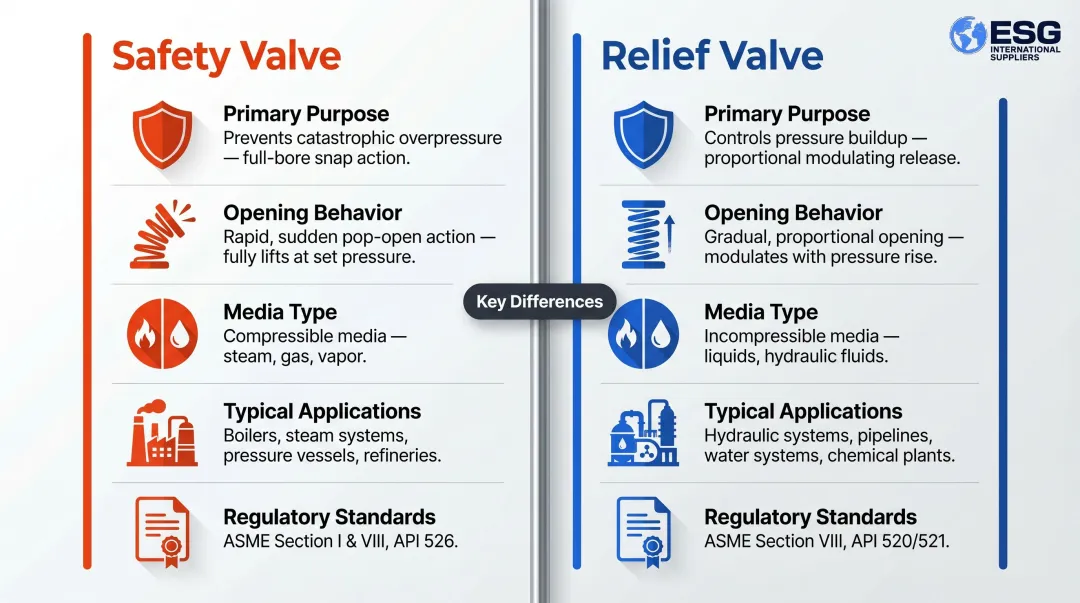 Safety valve versus relief valve side-by-side feature comparison infographic