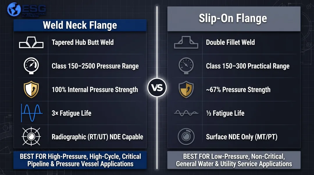 Weld neck versus slip-on flange side-by-side attribute comparison infographic