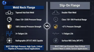 Weld neck versus slip-on flange side-by-side attribute comparison infographic