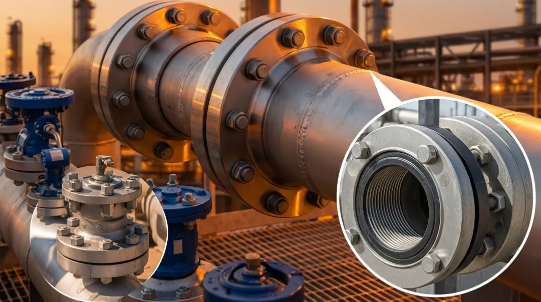 High-pressure industrial pipeline flanges installed on offshore oil platform