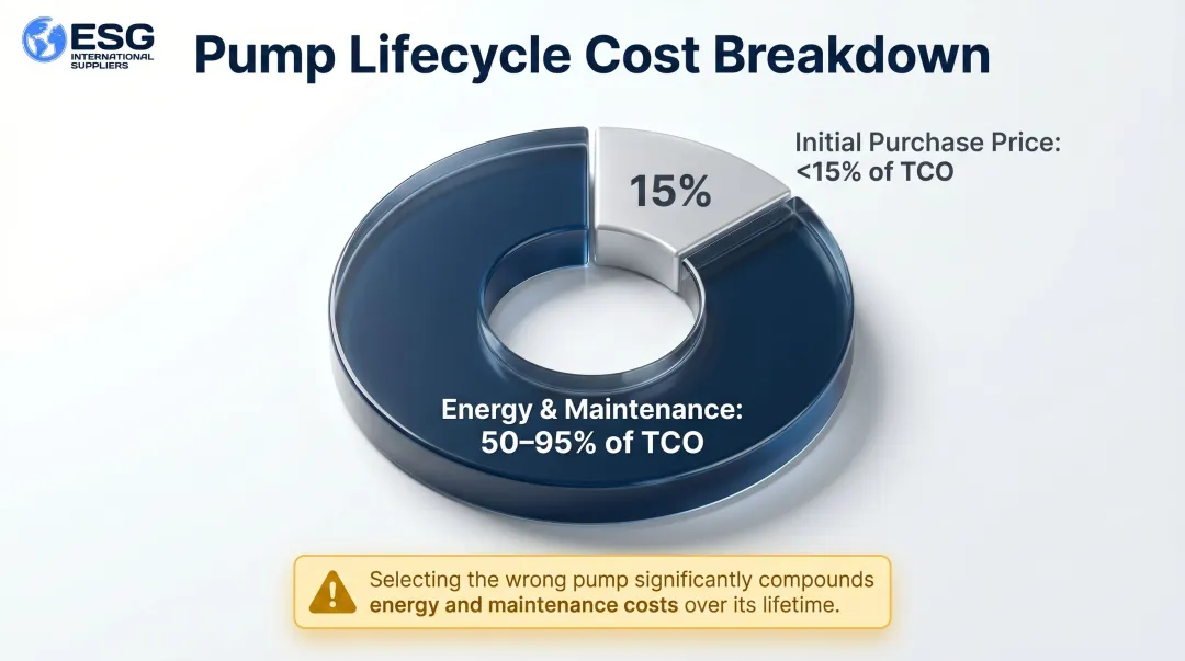 Pump total cost of ownership breakdown showing energy maintenance versus purchase price percentages