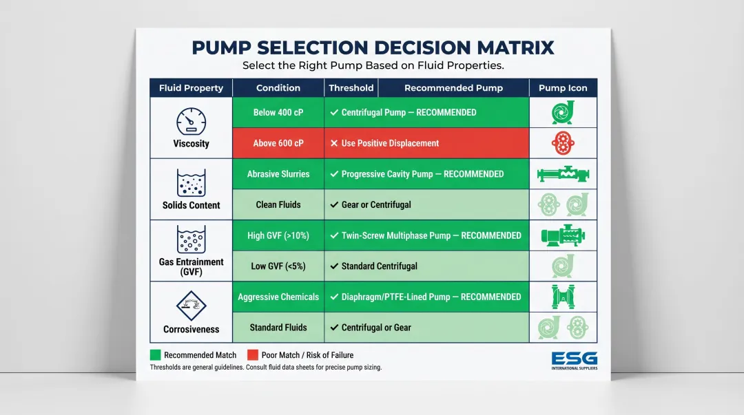 Oil and gas pump selection criteria by fluid viscosity solids and corrosiveness factors