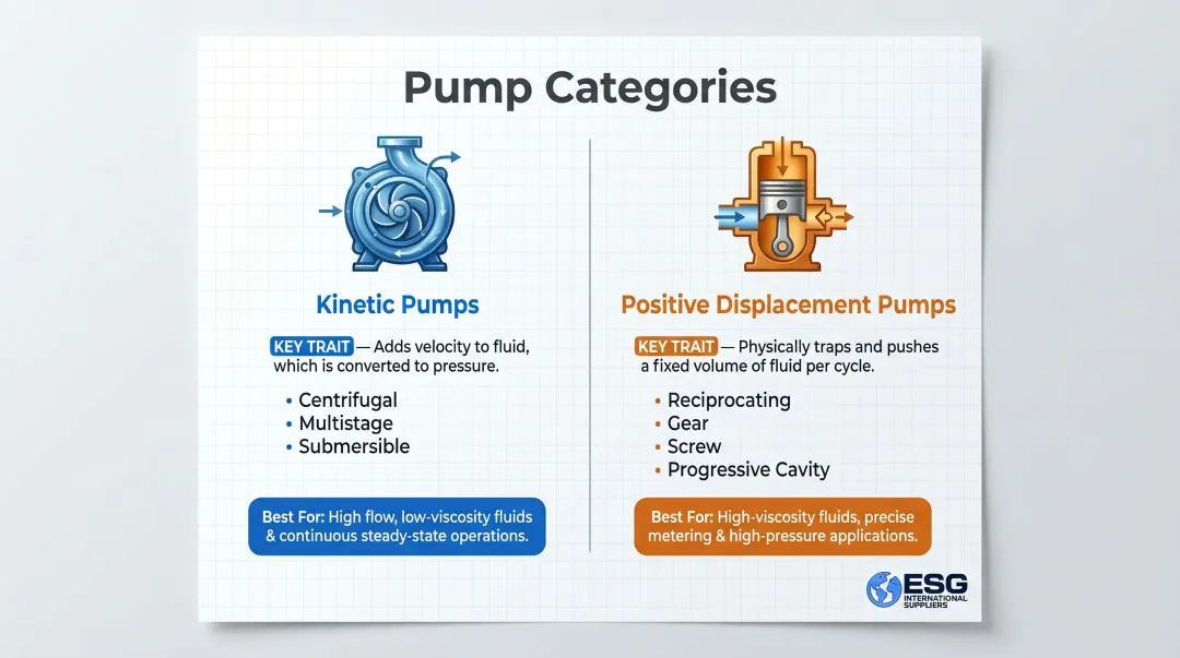 Kinetic versus positive displacement pump types classification comparison infographic