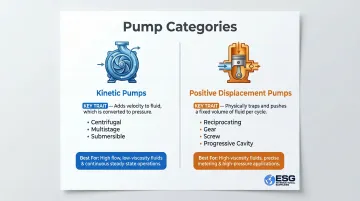 Kinetic versus positive displacement pump types classification comparison infographic