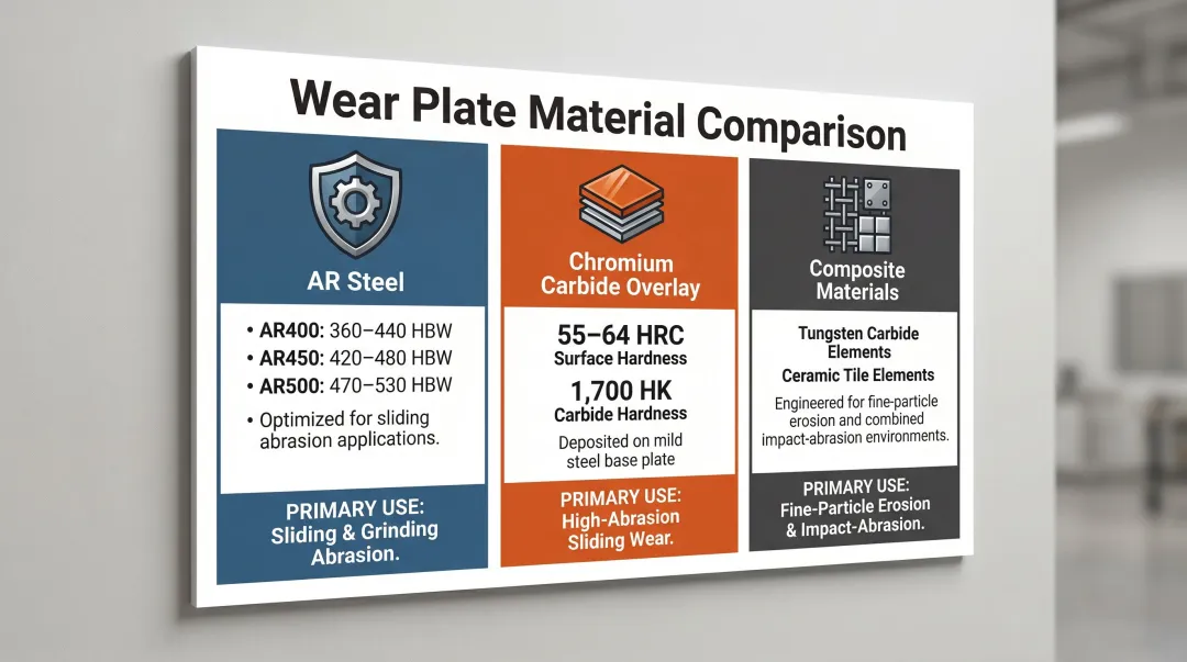 Three wear plate material types comparison chart AR steel CCO composite
