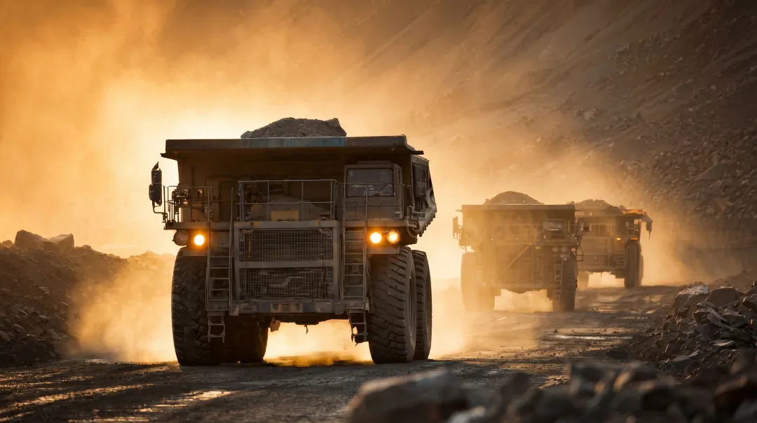 Large open-pit mining haul truck fleet transporting ore across mine site