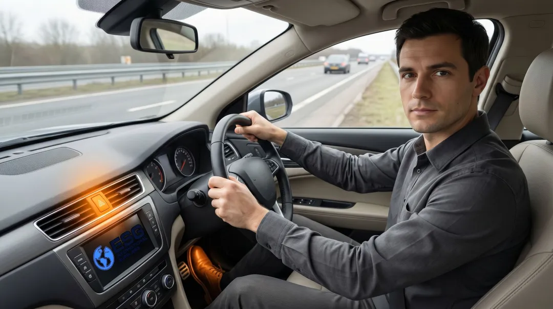 Driver gripping steering wheel firmly while navigating vehicle safely to road shoulder