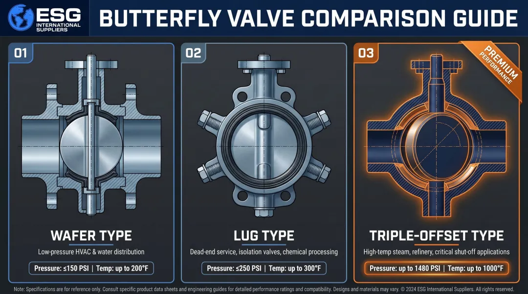 Three butterfly valve subtypes wafer lug and triple-offset configuration comparison