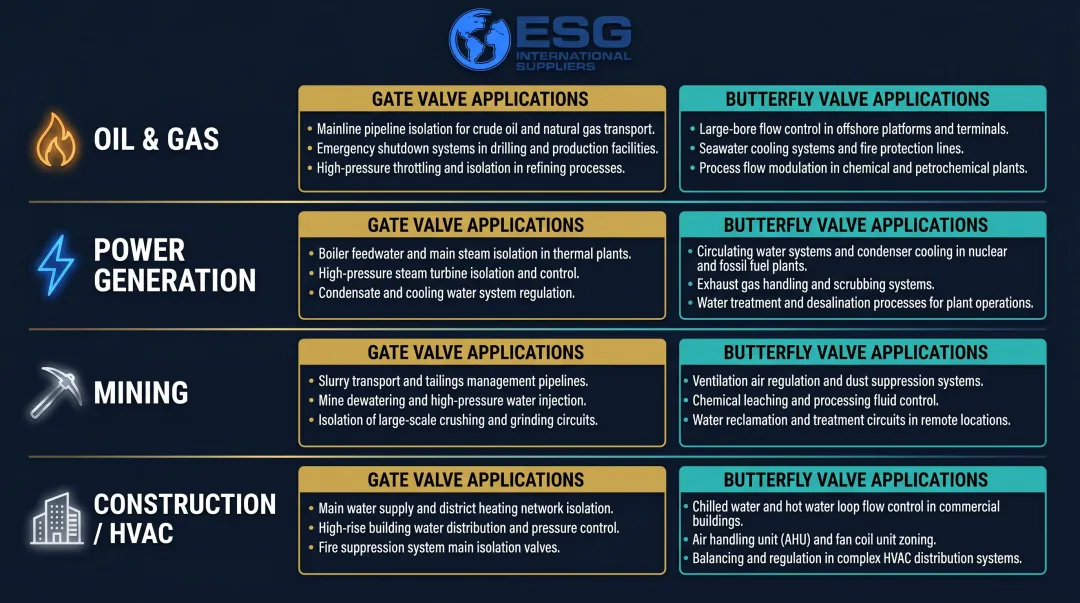 Industry-specific gate valve versus butterfly valve selection guide by sector infographic