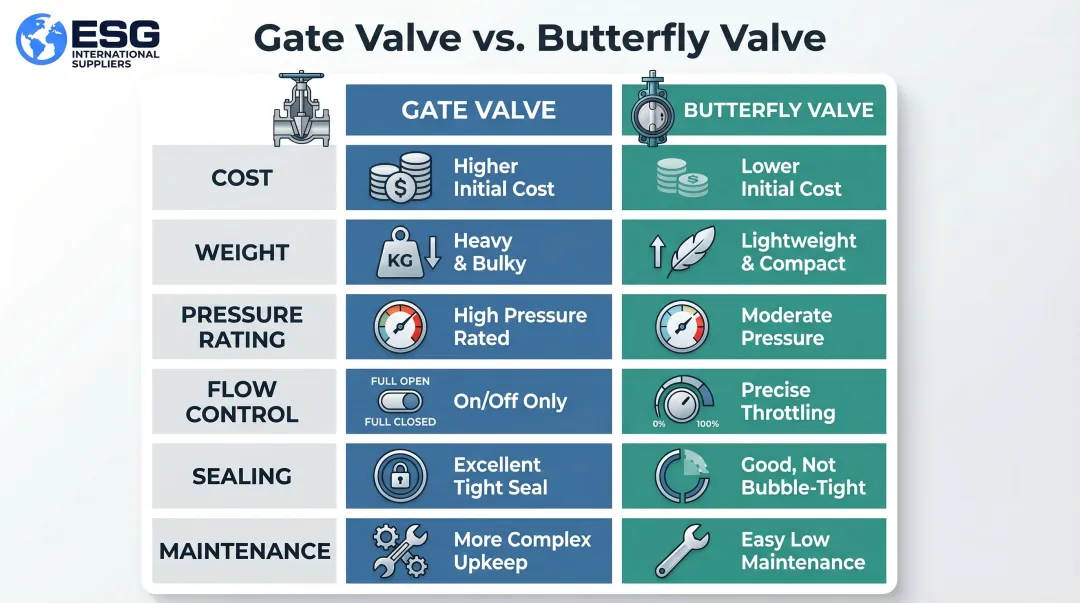Gate valve versus butterfly valve six-factor comparison infographic side by side